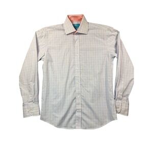 Christian Aujard Paris Mens Check Dress Shirt Orange Paisley Trim Blue White S